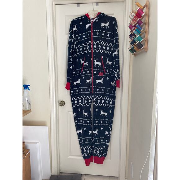Tipsy Elves Reindeer Holiday Christmas Fleece Pajamas Jumpsuit Size XL - Picture 2 of 9